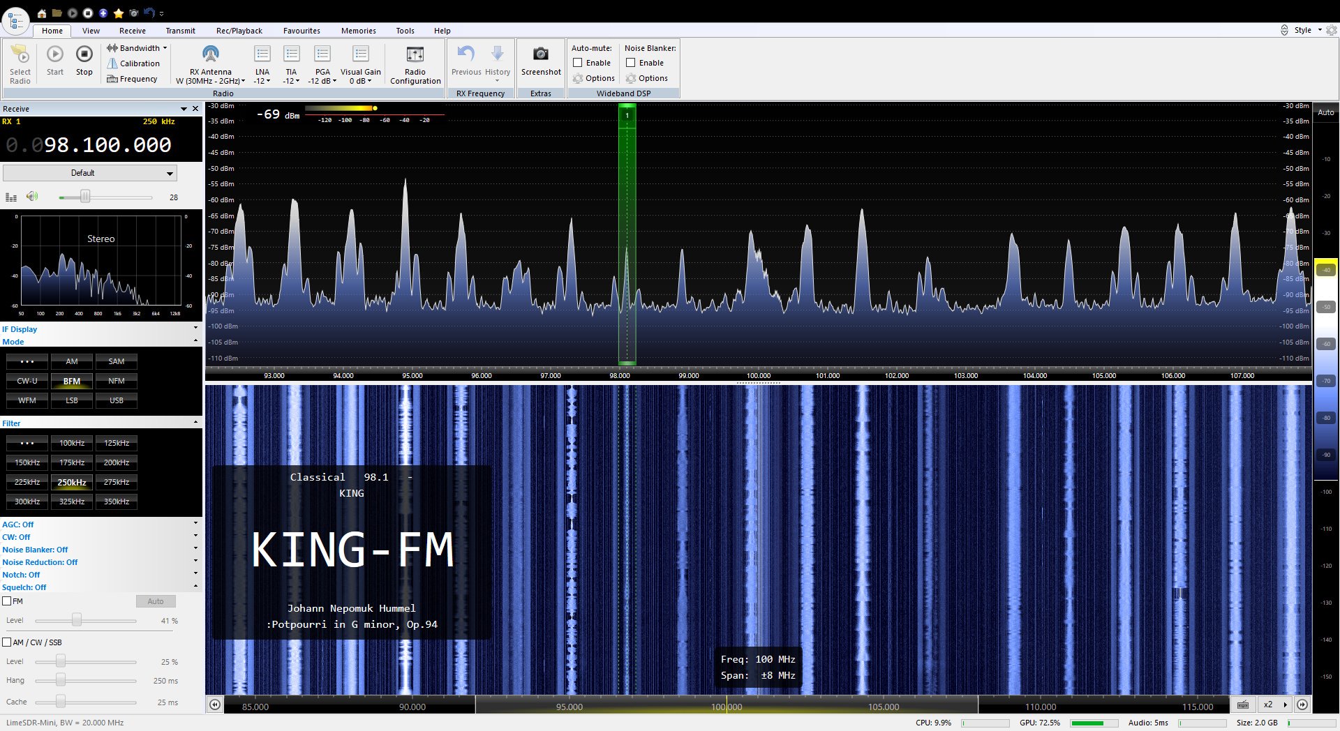 Option radio. SDR Radio: LIMESDR. Gnuradio SDR Touch. Radio options. RF gain Radio.